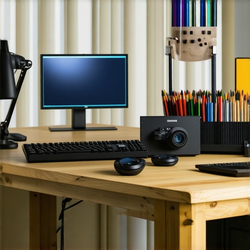 A high-resolution monitor being calibrated with a colorimeter in a sleek studio environment.