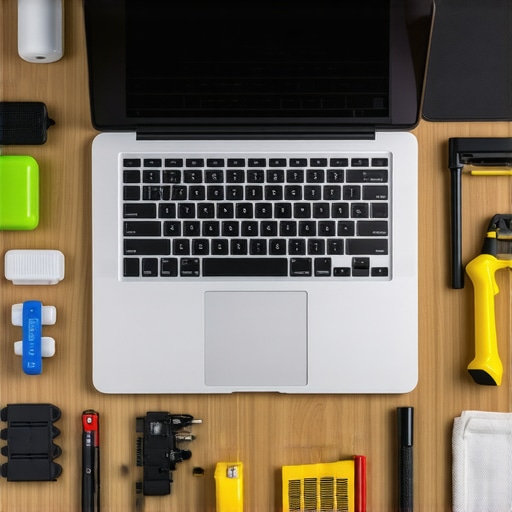 Professional Laptop Maintenance Setup A workspace scene with a creator performing maintenance on their laptop using software diagnostics and cleaning tools.