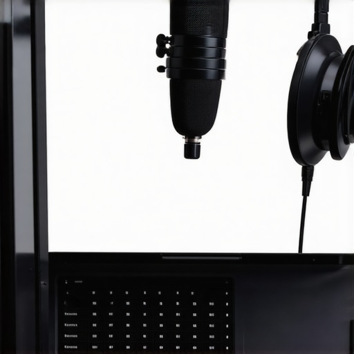 A modern slim laptop designed for podcasting, with minimal noise and compact build, on a studio desk