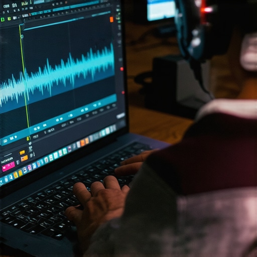 A person fine-tuning audio waveform alignment on a laptop screen during post-production