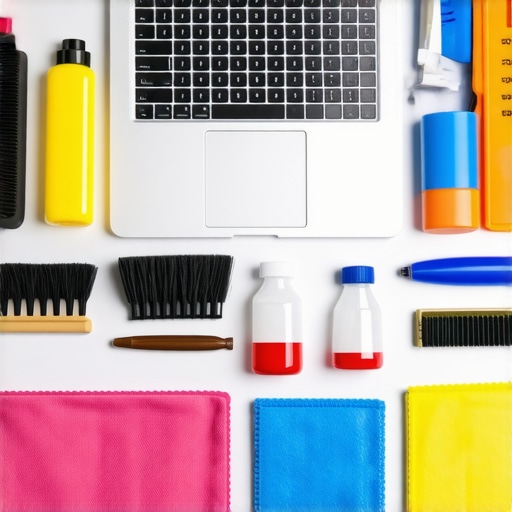A variety of tools used for maintaining a creator's laptop, including brushes, compressed air, and cleaning cloths.
