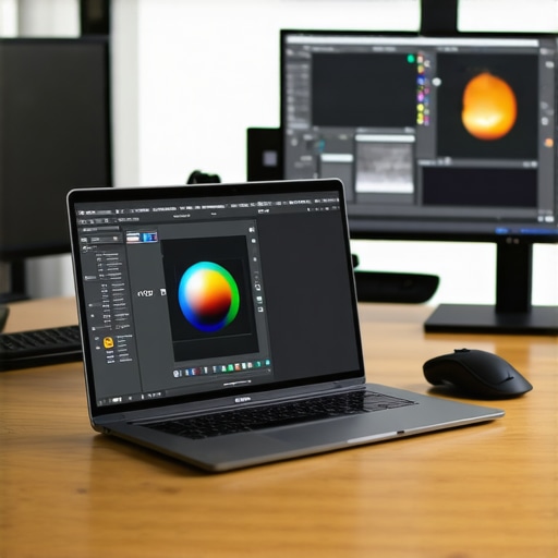 A professional creator's workspace featuring a high-end laptop, dual monitors, and color calibration equipment for accurate editing.