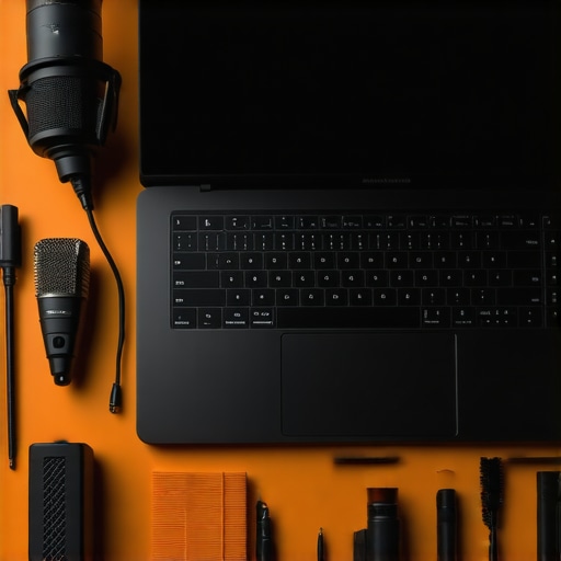 Workspace with Maintenance Tools for Creators A professional creator's desk showing laptops, microphones, and cleaning supplies for equipment upkeep.