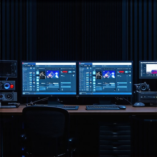 A sleek, high-performance editing laptop with multiple monitors, demonstrating an optimal setup for 8K video editing.