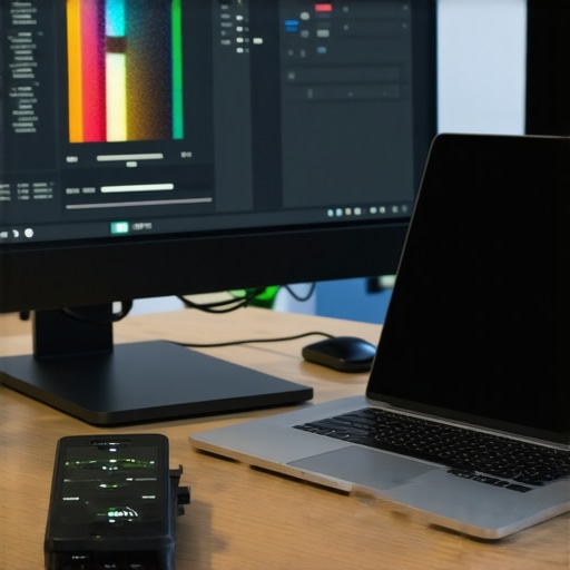 Calibration device connected to a high-resolution laptop screen in a well-lit studio