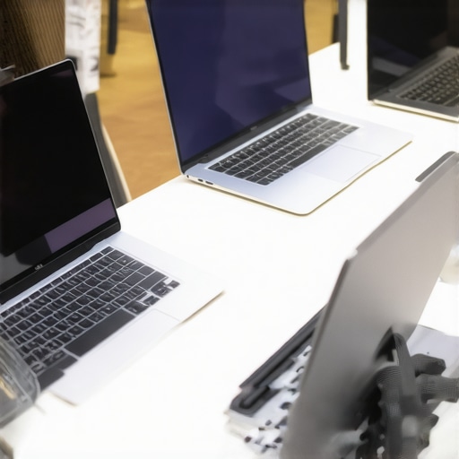 Comparing Laptops for Creative Work and Study Person evaluating multiple laptops in a store to choose the best for media creation and academics.