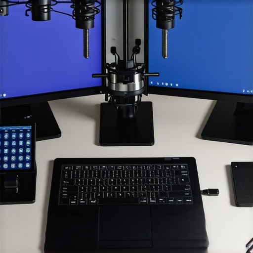 A modern creative workspace highlighting a powerful laptop, microphone, and drawing tablet on a desk.
