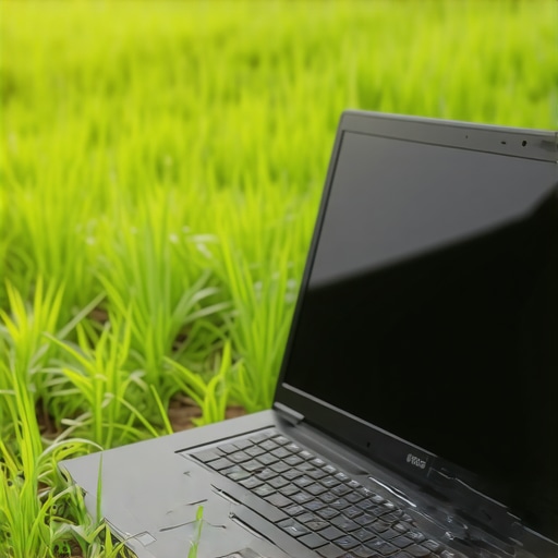 A high-end creator laptop set up outdoors with cooling pad, multiple ports visible, in a rugged environment.