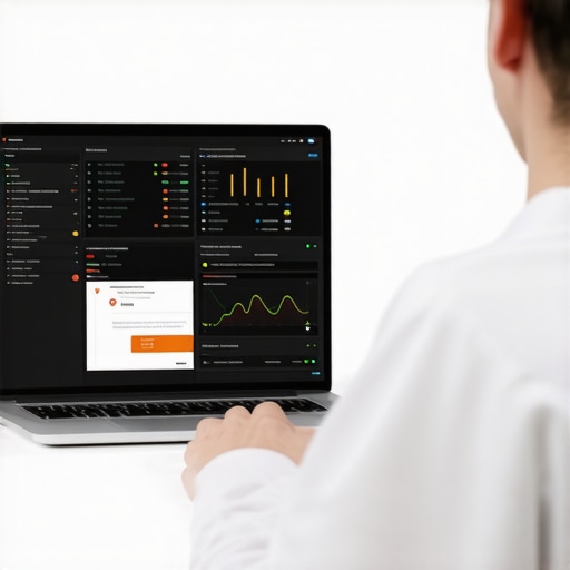 Person streaming with a single laptop displaying multiple overlay windows for chat, alerts, and system monitoring.