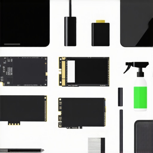 Essential tools for maintaining creative hardware A workspace featuring cleaning brushes, thermal paste, and monitoring software screens for laptop maintenance.