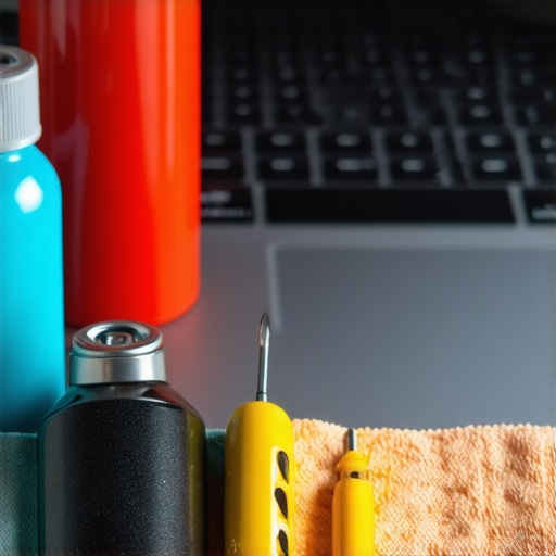 Essential tools for maintaining your creator laptop Tools for cleaning and maintaining a creator laptop on a workspace with a laptop and cleaning supplies.