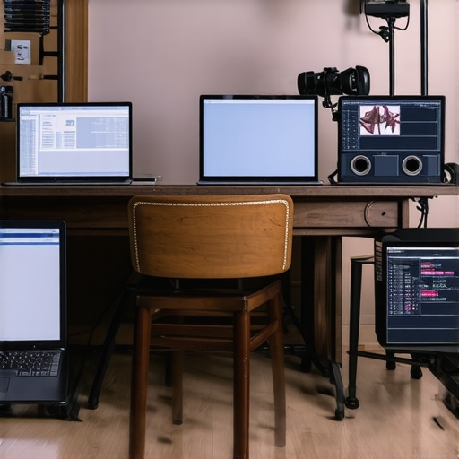A setup of four laptops each assigned to a specific role in wedding photography editing workflow, illustrating the concept of a resilient laptop toolkit.
