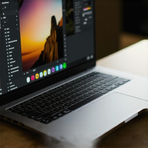 Close-up of a creator laptop with a vivid photo editing software screen