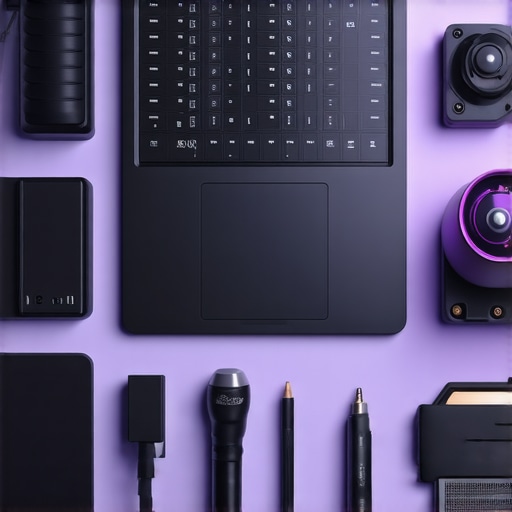 A sleek laptop connected to external audio and video equipment in a well-organized workspace.