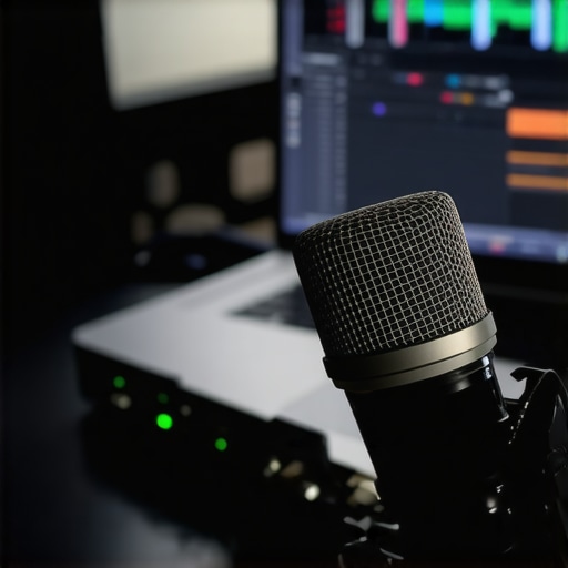 Professional microphone with audio interface and laptop for optimal sound recording.