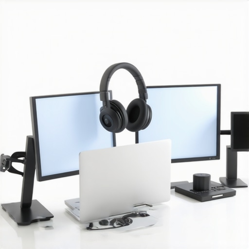 A professional creative workspace with a high-performance laptop, dual monitors, and audio equipment.