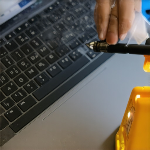 Person carefully cleaning laptop keys with compressed air and brushes for optimal performance