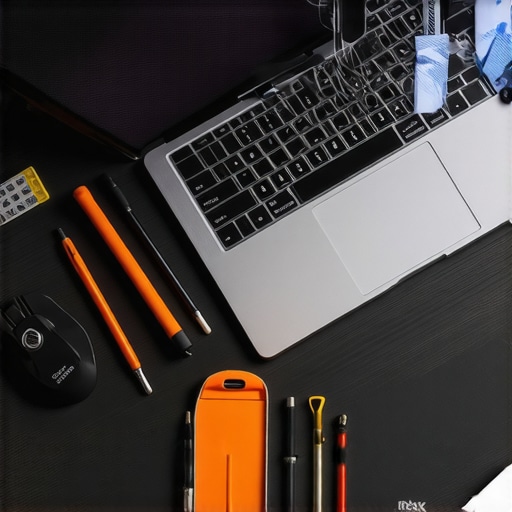 A creator workspace with tools for maintaining and cleaning a laptop to ensure optimal performance.