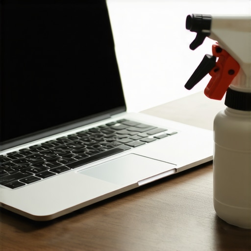 Laptop Maintenance Workspace Person cleaning their laptop with compressed air in a tidy workspace