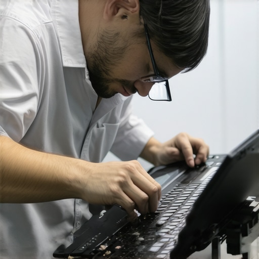Technician cleaning dust from a creator laptop's vents to ensure optimal performance.