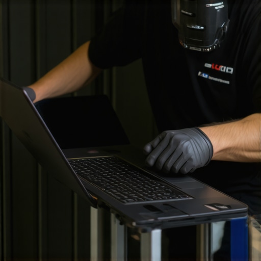 Laptop Maintenance in Action Technician cleaning a creator laptop's vents with compressed air to prevent overheating