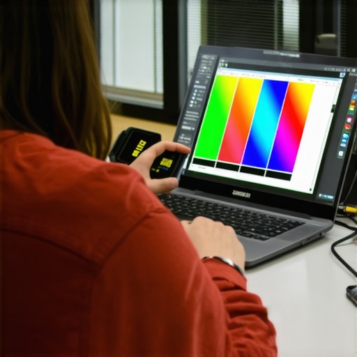 Person using colorimeter to calibrate a laptop screen for print design