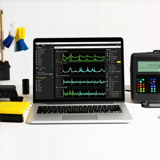 Maintaining Creative Laptop Performance A workspace with tools for cleaning and monitoring a creator's laptop for optimal performance.