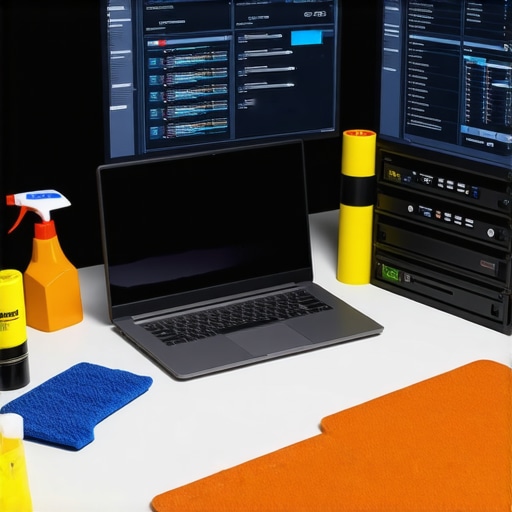 Maintaining Creative Workstations: Tools and Routine A workspace showing laptop cleaning and system diagnostics tools for creative professionals.