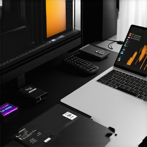 Organized workspace with external drives and calibration hardware.
