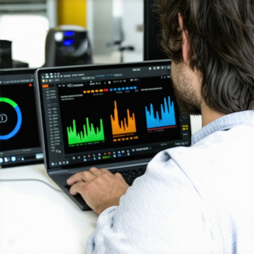 Monitoring Creator Laptop Health A person analyzing laptop performance metrics on a monitor