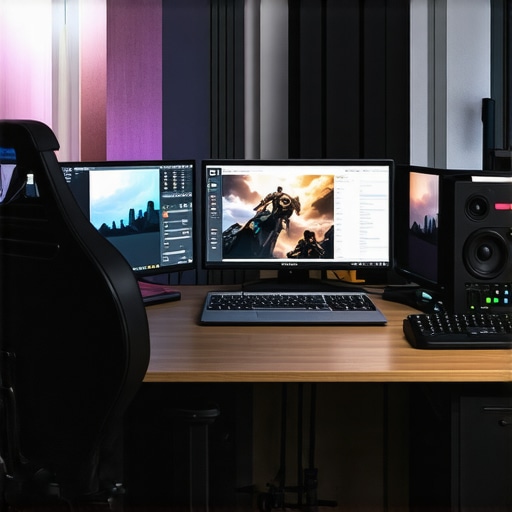 A creator's streaming station with high-performance laptop and broadcasting equipment.