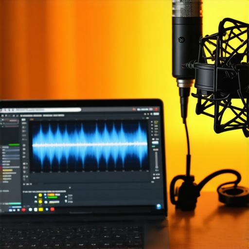 A creator laptop connected to an audio interface with microphone, studio equipment, and soundproofing panels