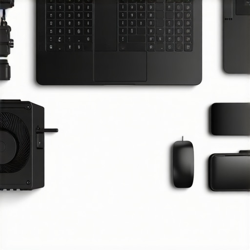Optimized Creative Laptop Setup with External Tools A professional workspace featuring a high-performance laptop with cooling solutions and connected devices.