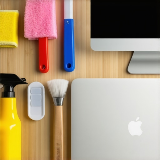 Optimized Creator Workspace Setup A modern creative workspace with laptop, cleaning supplies, and external monitor