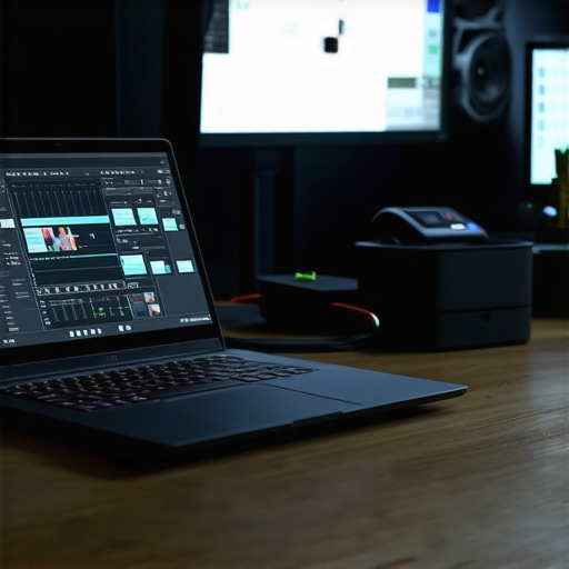 A workspace showing a creator's laptop, external monitor, and software tools for hardware health monitoring.