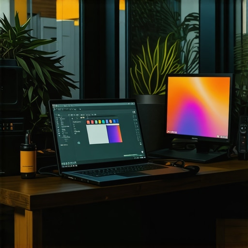 A detailed creator workspace with a high-end laptop and color calibration accessories.