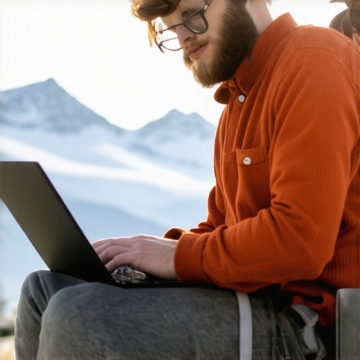 Outdoor Content Creation with Rugged Laptop A person working on a rugged laptop in mountain landscape during daytime