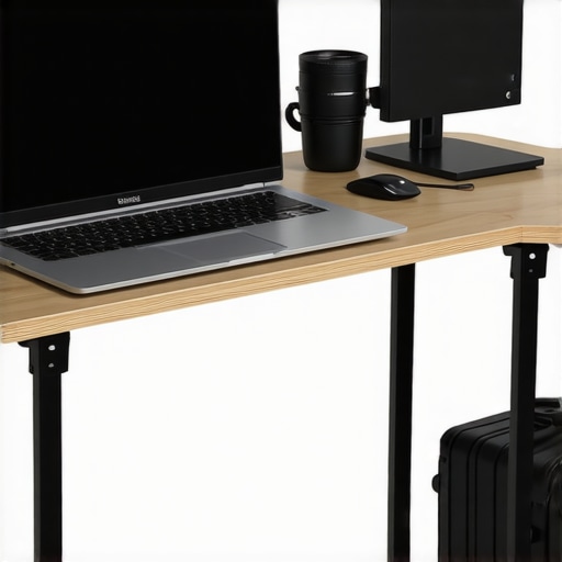 Portable Editing Setup for Creators A sleek, lightweight portable editing station including a laptop and external monitor set up on a travel-friendly desk.