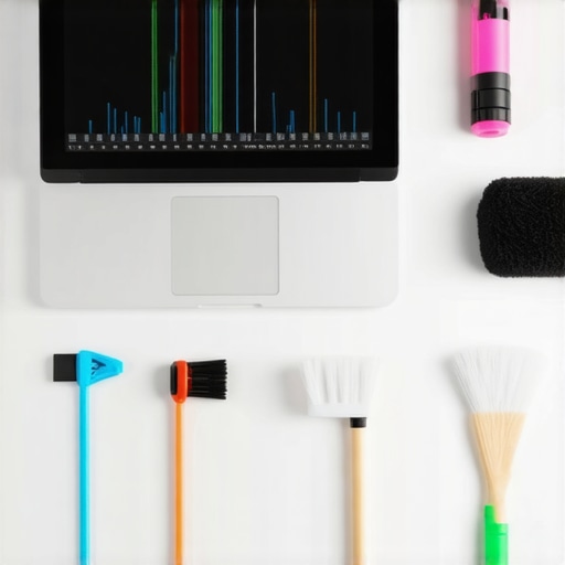 A creator maintaining their laptop with cleaning tools and monitoring software.