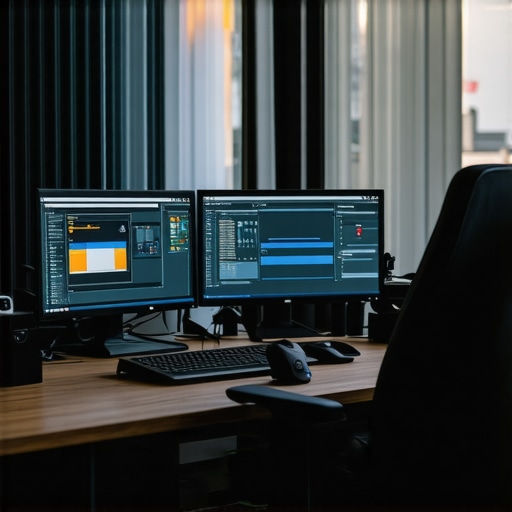 Professional Creator Workspace Setup A modern workspace with high-performance laptops, dual monitors, and audio equipment for creators and streamers.