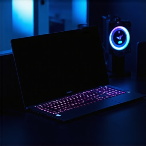 A sleek gaming laptop placed on a desk with soundproofing foam in the background, showing low fan activity