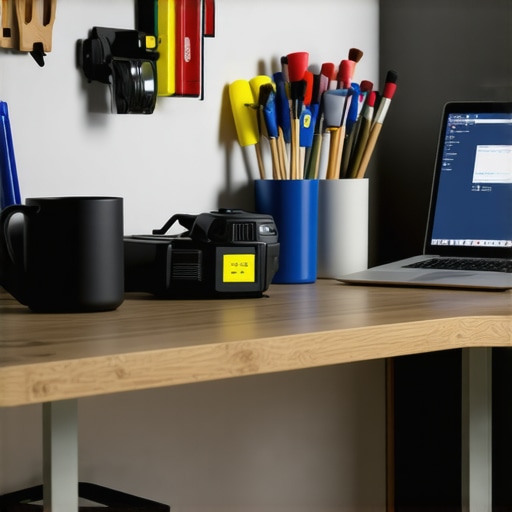 A setup including compressed air, microfiber cloth, screwdriver set, and a creator laptop ready for maintenance.
