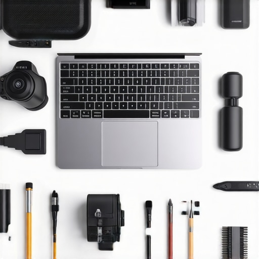 Tools for Creative Laptop Maintenance Organized toolkit with microfiber cloths, cleaning sprays, and performance monitoring gadgets on a desk.