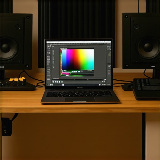 A high-end laptop undergoing professional color calibration for accurate video editing.
