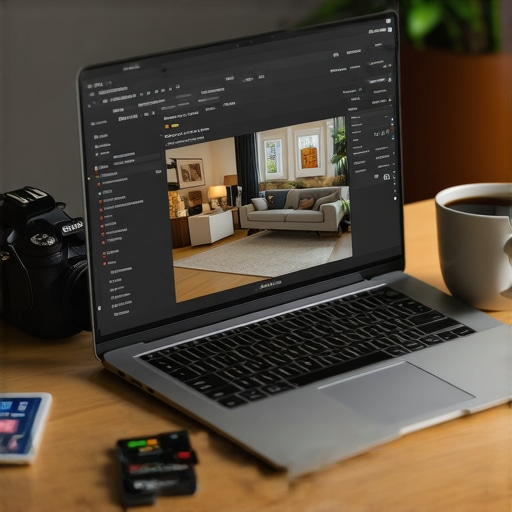 A professional laptop showing real estate photo editing in a modern home office.