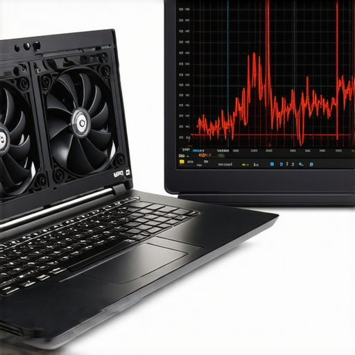Close up of laptop cooling system and DPC latency software showing performance spikes.