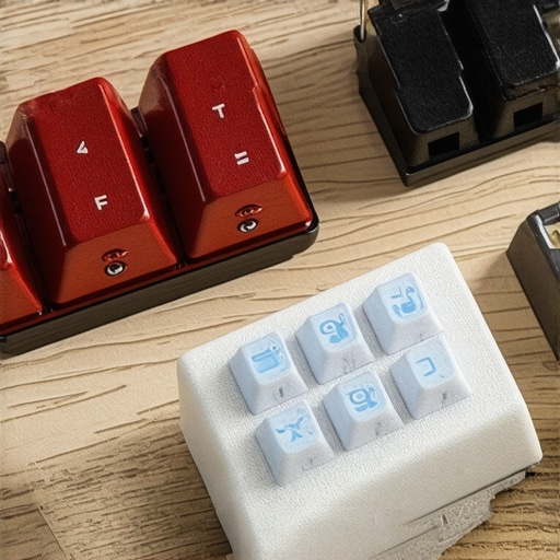 Close up of different mechanical keyboard switches and a split ergonomic keyboard for developers