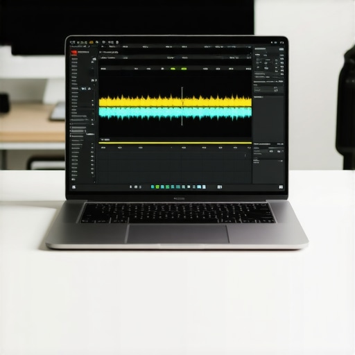 A high-end laptop displaying complex video and audio editing software in a bright studio environment.