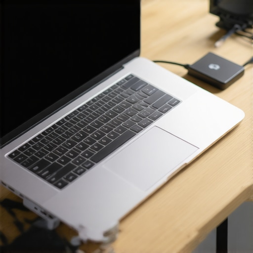 Creator laptop on a cooling stand with external peripherals for professional maintenance.