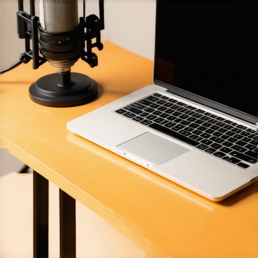 A music production laptop setup with studio gear and clean cable management.